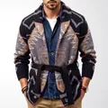 Men's American retro geometric jacquard knit cardigan with belt for autumn and winter - M / Tops / Black
