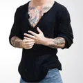 Men's vintage black V-neck knit sweater with distressed hem and textured finish - 3XL / Tops / Black