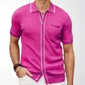 Men's bright fuchsia ribbed knit short sleeve polo shirt with white piped trim detail - M / Tops / Rose Red