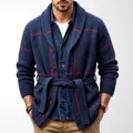 Premium vintage men's blue thick knit cardigan with red jacquard lines and matching belt - M / Tops / Navy Blue