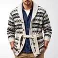Men's vintage shawl collar cardigan with patterned knit and waist belt design - M / Tops / Beige