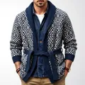 Premium men's retro diamond pattern knit cardigan sweater with waist belt in navy. - M / Tops / Navy Blue
