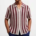 Men's vintage burgundy and white striped crochet style knit short sleeve hollowed polo shirt - M / Tops / Red