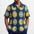 Vintage men's crochet knit polo shirt with celestial sun and moon patterns for summer - M / Tops / Navy Blue
