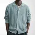 Men's casual textured knit cardigan in light blue with hollowed pattern and buttons - M / Tops / Fog Blue