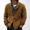 American vintage men's variegated cable knit cardigan sweater with a shawl collar - M / Tops / Brown