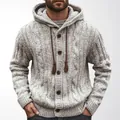 Men's retro mottled grey cable-knit hooded cardigan sweater with tassel drawstrings - M / Tops / Gray