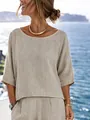 Elegant beige katoenen linnen tweedelig vakantiepak met top met korte mouwen en broek - Khaki