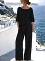Elegant zwart katoen-linnen tweedelig set voor zomervakantie met wijde pijpen broek - S / Top And Bottom / Zwart