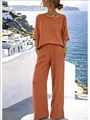 Tweedelige katoenen linnen set met korte mouwen en wijde broek in het oranje voor zomer - Koraalrood