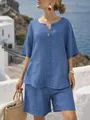 Casual blauwe linnen set met V-hals top en short voor een vakantie-uitstraling - S / Top And Bottom / Aqua