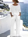 Elegant wit katoenen linnen setje met korte mouwen en wijde pijpen voor vakantie op strand - S / Top And Bottom / Wit