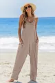 Women's casual loose jumpsuit with pockets in a beach summer setting - S / Top And Bottom / Khaki