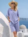 Elegant lavendel katoen linnen resort set, top met V-hals en bijpassende korte broek - S / Top And Bottom / Lavendel