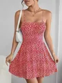 Detail of a red floral print backless sundress with slim fit and spaghetti straps. - S / Dresses / Red