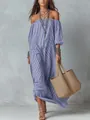 Elegante blauw-wit gestreepte maxi-jurk met blote schouders voor de zomervakantie - S / Tops / Blauw Gestreepte Stijl