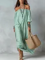 Elegante groen-wit gestreepte maxi-jurk met blote schouders ideaal voor de vakantie - S / Tops / Groene Streep