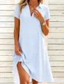 Detail view of a blue and white striped short sleeve V-neck summer beach mini dress. - S / Top And Bottom / Sky Blue