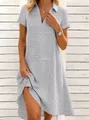 Detail of gray striped V-neck summer dress with comfortable bohemian casual style - S / Top And Bottom / Gray