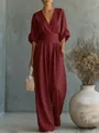 Elegant burgundy wide-leg jumpsuit with deep V-neck and cinched waist design detail - S / Top And Bottom / Dark Red