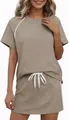 Detail of women's khaki two-piece athletic set with white side stripes and drawstring - S / Top And Bottom / Khaki