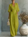 Elegant olive green V-neck jumpsuit featuring a cinched waist and wide leg design details - Olive Green