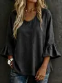 Detail of grey linen top with elegant 3/4 flare sleeves and round neckline - Dark Gray