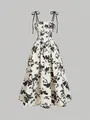 Vintage floral print summer dress with adjustable tie-up shoulder straps and A-line hem. - S / Top And Bottom / Black