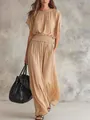 Elegante abito lungo beige con vita smaltata e silhouette drappeggiata per lo stile estivo - Kaki
