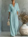 Elegant light blue V-neck jumpsuit with cinched waist and wide leg design for women - Teal