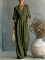 Elegant olive green V-neck jumpsuit with wide-leg pants and waist tie detail. - Army Green