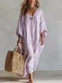 Bohemian purple striped digital print V-neck kaftan maxi dress for beach vacations - Light Purple