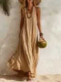Sleeveless khaki pleated maxi dress with a bohemian beach vacation style and loose fit - S / Top And Bottom / Khaki
