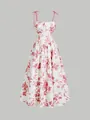 Elegant floral print midi sundress with adjustable bow straps and cinched waist. - S / Top And Bottom / Pink