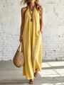Stylish yellow linen-cotton halter sleeveless maxi dress for ladies summer vacation - S / Top And Bottom / Yellow