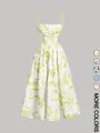 Vestido veraniego blanco con flores, tirantes ajustables y falda midi de línea A - Amarillo claro