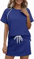 Close-up of blue short sleeve sports set with side stripes and white drawstring skirt - S / Top And Bottom / Dark Blue