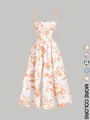 Detailed view of women's floral print summer midi dress showing more color options - S / Top And Bottom / Orange