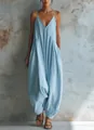 Elegant light blue French style deep V-neck strappy jumpsuit with loose harem pants - Sky Blue