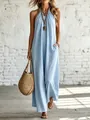 Detail view of a light blue sleeveless linen maxi dress for casual summer vacation style - S / Top And Bottom / Sky Blue