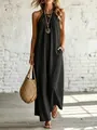 Full-length view of a casual black linen halter maxi dress for women on a model - S / Top And Bottom / Black