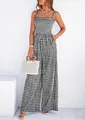 Retro checkered wide-leg jumpsuit with smocked bodice and spaghetti straps detail - Gray