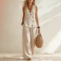 Elegant women's 2-piece resort wear set with a buttoned linen vest and wide trousers - S / Top And Bottom / Off White