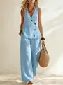 Full length view of a woman in a light blue summer vest and wide-leg pants outfit - S / Top And Bottom / Sky Blue