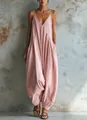 Full length detail of pink French style loose harem jumpsuit with deep V-neck - S / Top And Bottom / Pink