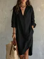 Detalle de vestido camisero negro estilo francés con abertura y de textura lino - S / Negro