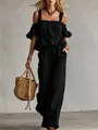 Detailed look at the textured off-shoulder top and wide-leg pants summer set in black. - S / Top And Bottom / Black