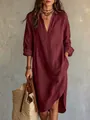 Elegante vestido camisero de lino burdeos con aberturas laterales y escote en V para vacaciones - Burdeos
