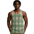 Mens casual crochet knit tank top with green and beige diamond hollow pattern detail - M / Tops / Green