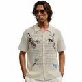 Men's white embroidered hollow-out knit polo shirt with floral patterns - M / Tops / Apricot
